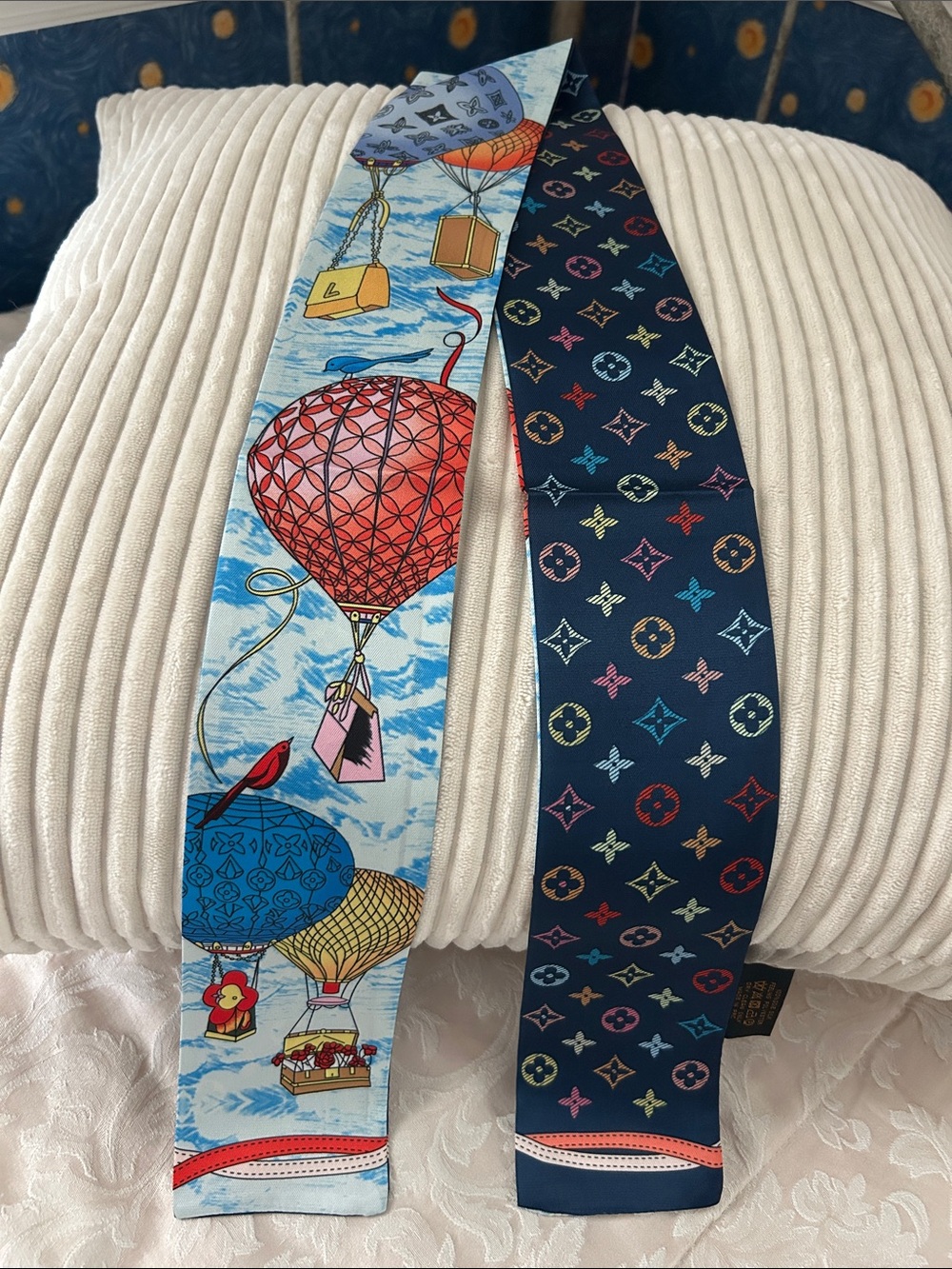Multi Color Hot Air Balloon and Navy Logo Scarf or Twilly.